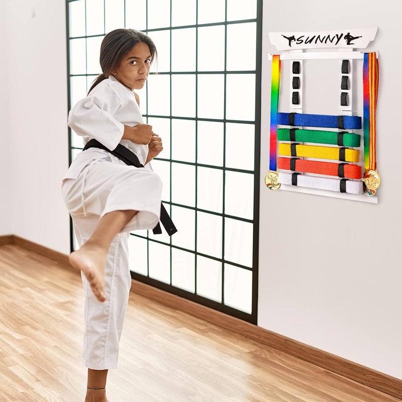 Tilhumt 8 Belt Karate Belt Display Rack with Medal Hanger and Stickers, Taekwondo Belt Display Holder, Martial Arts Belt Display Organizer for Adults, No Assembly Required (Bamboo/Acrylic) - Image 5